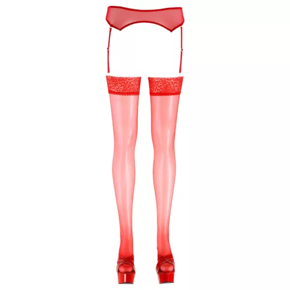Cottelli - samodržiace čipkované pančuchy - červené