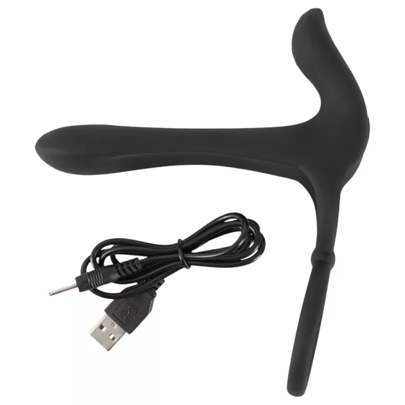 Black Velvets - vibračný krúžok na penis a párový vibrátor - čierny, dobíjací