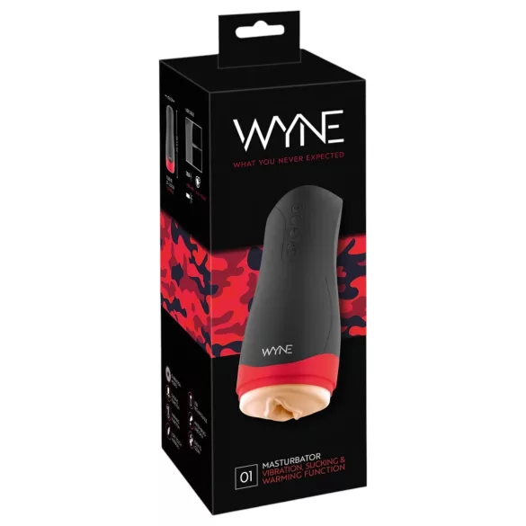 WYNE 01 - masturbátor s vibráciou, saním a ohrevom - čierny - nabíjateľný