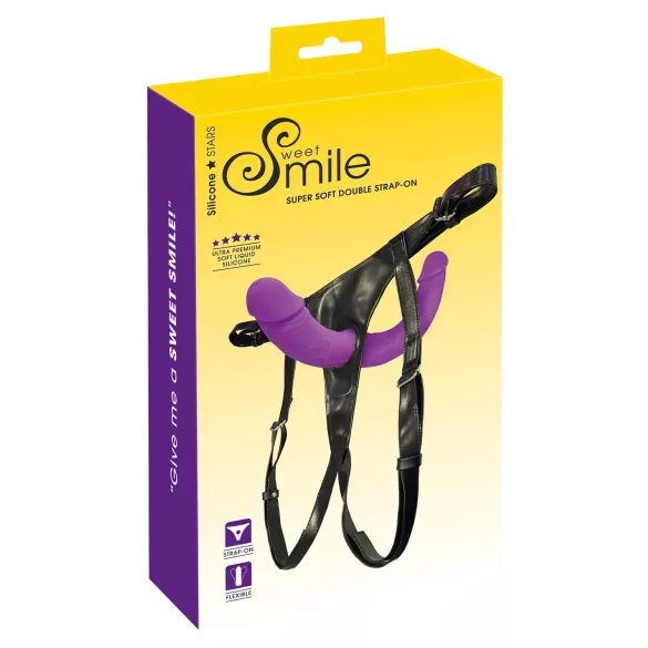 SMILE - pripínací dvojité dildo s popruhmi - silikón - fialovo-čierne