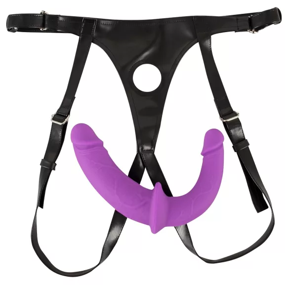 SMILE - pripínací dvojité dildo s popruhmi - silikón - fialovo-čierne