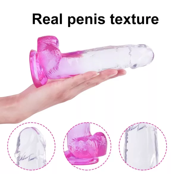 Sunfo - realistický dildo s prísavkou a semenníkmi - 22 cm - priehľadná fialová