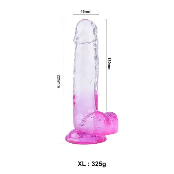 Sunfo - realistický dildo s prísavkou a semenníkmi - 22 cm - priehľadná fialová