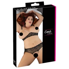   Cottelli Plus Size - podprsenka a nohavičky s perlami - čierne - 3XL