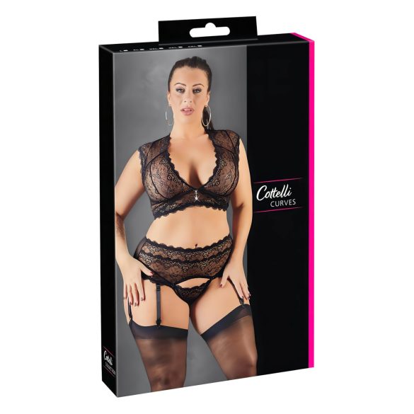 Cottelli Plus Size - trblietavý čipkovaný set spodnej bielizne (čierny)