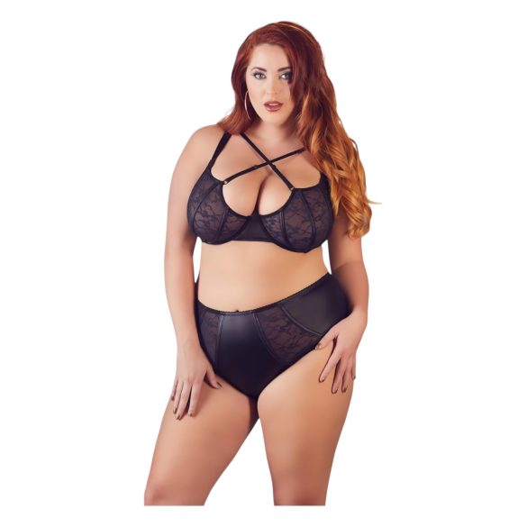 Cottelli Plus Size - Podprsenka a nohavičky s krížovými ramienkami (čierne) - 85E/L
