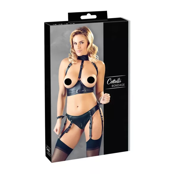 Cottelli Bondage - lesklý podprsenkový set s putami - čierny - XL