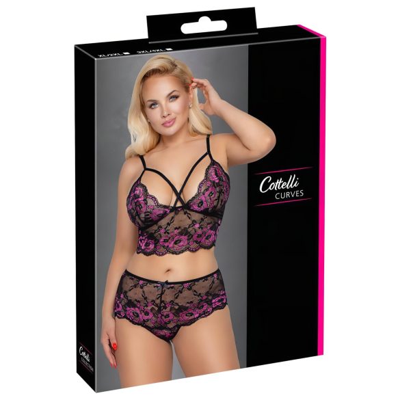 Cottelli Plus Size - kvetinový set podprsenky (čierno-fialový) - 3XL/4XL