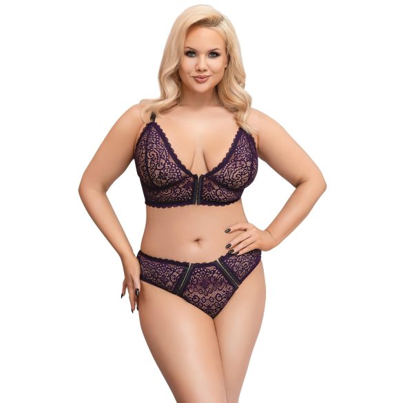 Cottelli Plus Size - priesvitný vzorovaný podprsenkový set (fialový) - 2XL