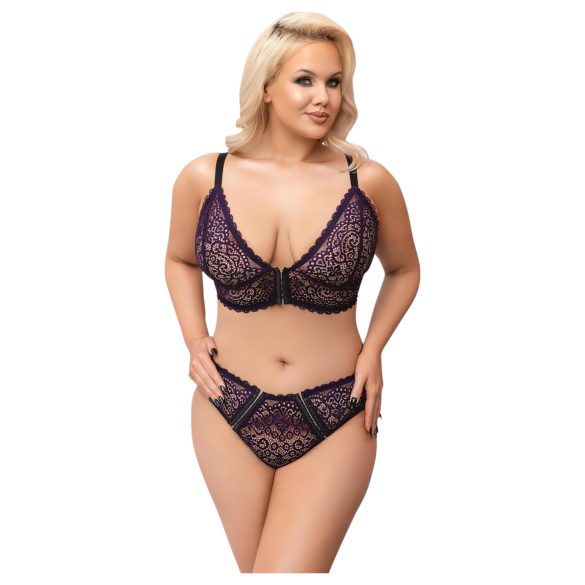 Cottelli Plus Size - priesvitný vzorovaný podprsenkový set (fialový) - 2XL