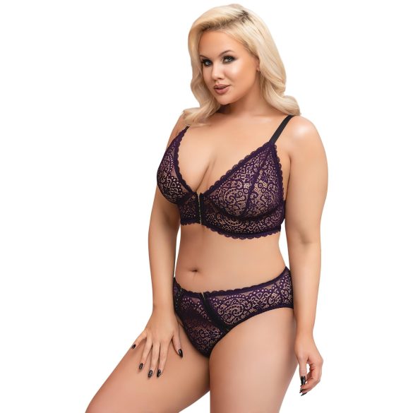 Cottelli Plus Size - priesvitný vzorovaný podprsenkový set (fialový) - 2XL