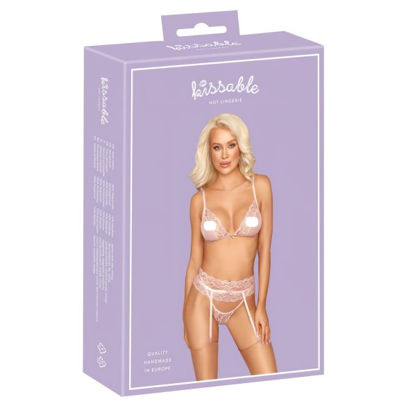 Bozkávateľná čipková bielizeň sada (rúžová) - L/XL