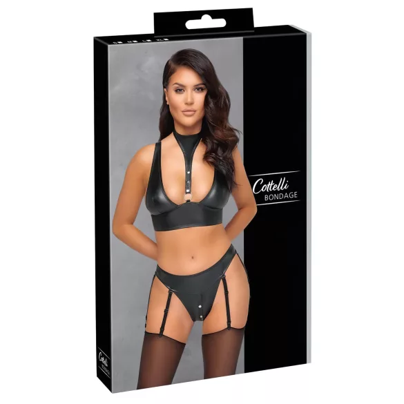 Cottelli Bondage - lesklá podprsenka sada s putami (čierna) - M