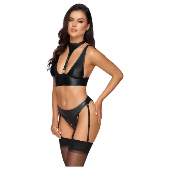 Cottelli Bondage - lesklá podprsenka sada s putami (čierna) - M