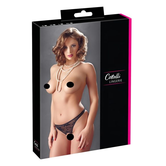 Cottelli - Otvorené čipkované tangá s perličkami (čierne) - XL