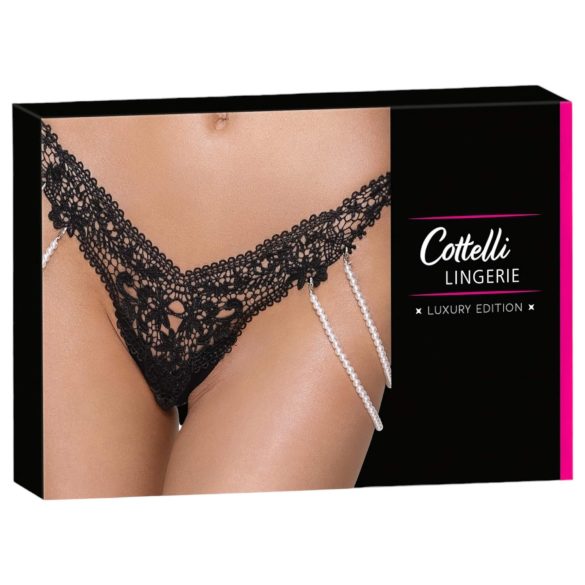 Cottelli - luxusné čipkované tangá s perličkami (čierne) - M/L