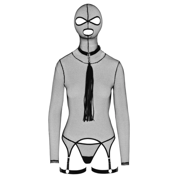 Bad Kitty - BDSM set s bičom - priesvitná sieťovina - čierna - M