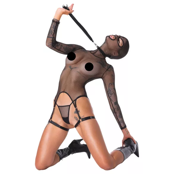 Bad Kitty - BDSM set s bičom - priesvitná sieťovina - čierna - M