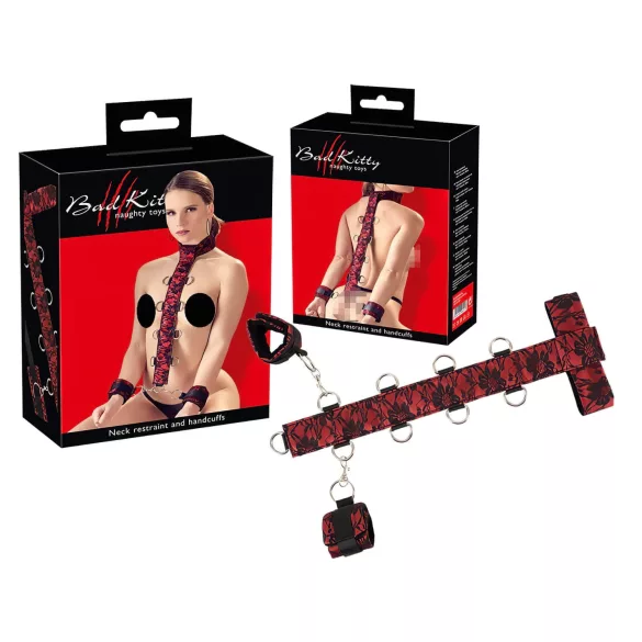 Bad Kitty - bondage sada ázijské putá na krk - červeno-čierna