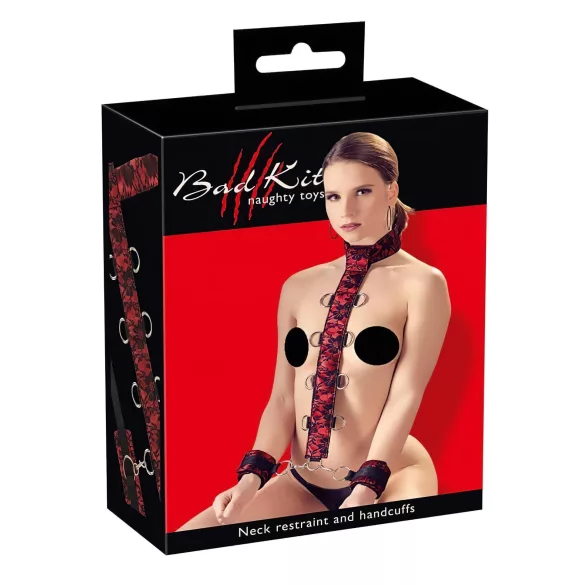 Bad Kitty - bondage sada ázijské putá na krk - červeno-čierna