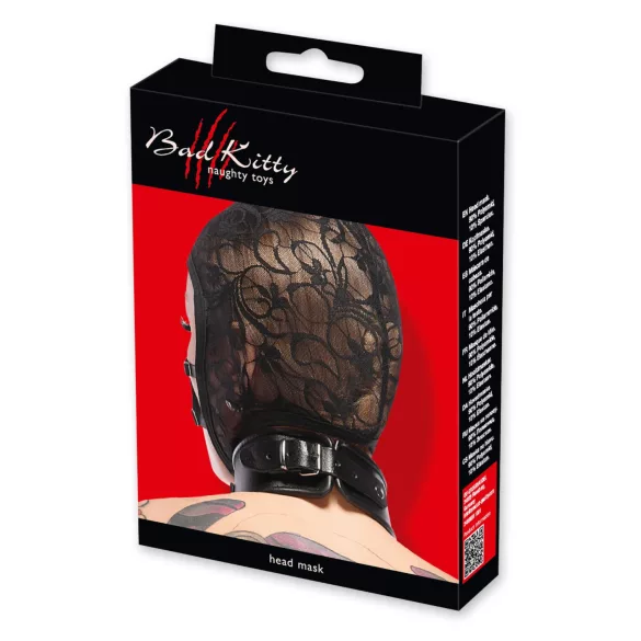 Bad Kitty - čipkovaná remienková maska na hlavu (čierna)