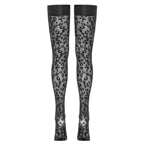 Cottelli Legwear - samodržiace pančuchy - leopard vzor - čierne