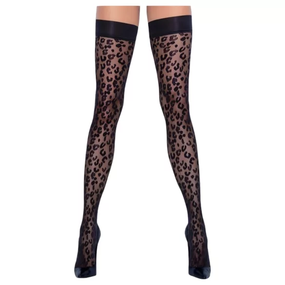 Cottelli Legwear - samodržiace pančuchy - leopard vzor - čierne - 3