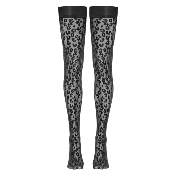 Cottelli Legwear - samodržiace pančuchy - leopard vzor - čierne - 5