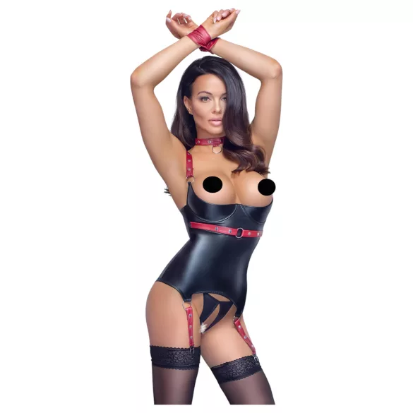 Cottelli Bondage - lakovaný top s otvorom na prsia a obojkom - čierny - XL