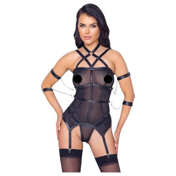 Cottelli Bondage - pásový top, putá na ruky a tangá (čierna) - L