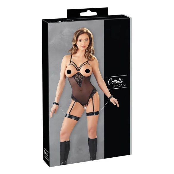 Cottelli Bondage - čierne body s kovovými krúžkami a putami na ruky