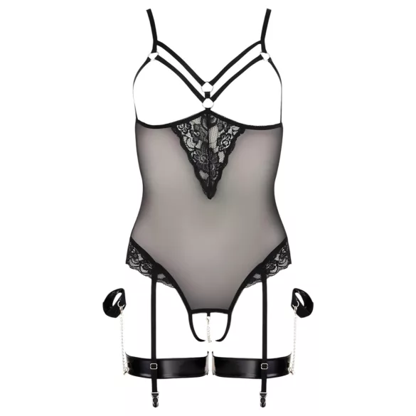 Cottelli Bondage - body s kovovými krúžkami a putami na ruky - čierna - XL