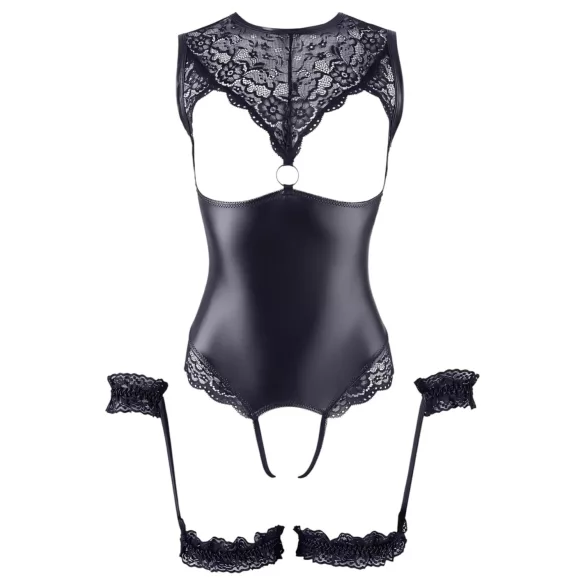Cottelli Bondage - lesklé otvorené body a putá na ruky - čierne