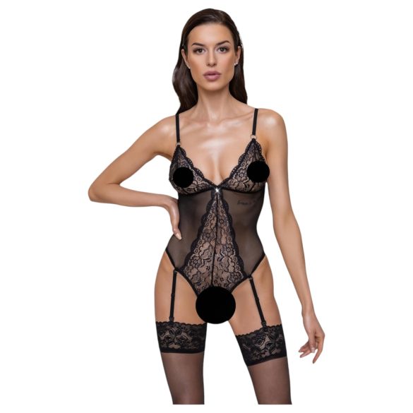 Cottelli - otvorené čipkované body s podväzkami (čierne) - L