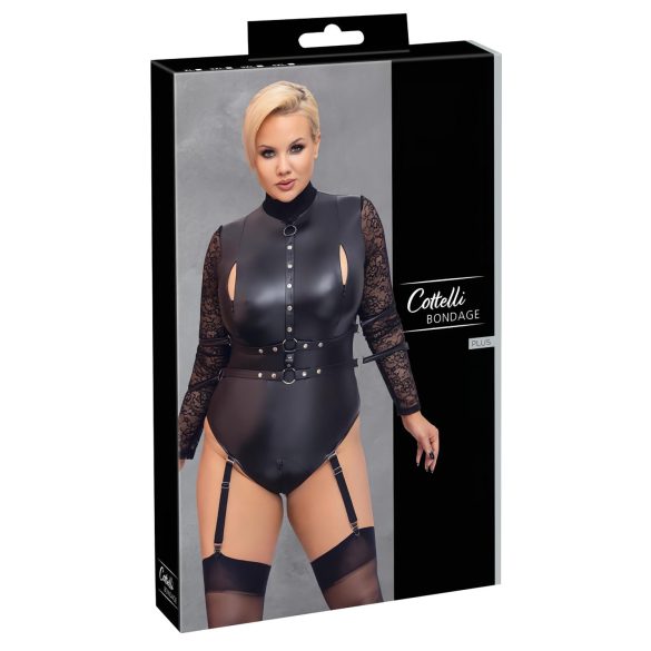 Cottelli Bondage Plus Veľkosť - body s čipkovanými rukávmi (čierne) - 3XL