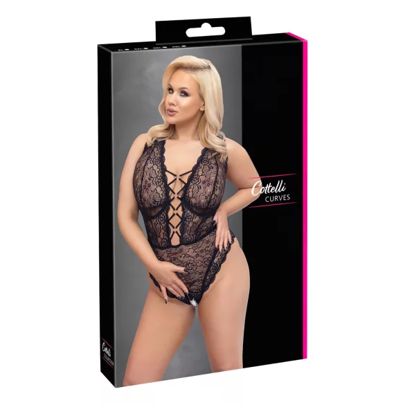 Cottelli Curves - dámske body plus size - priehľadné s vzorom - čierne