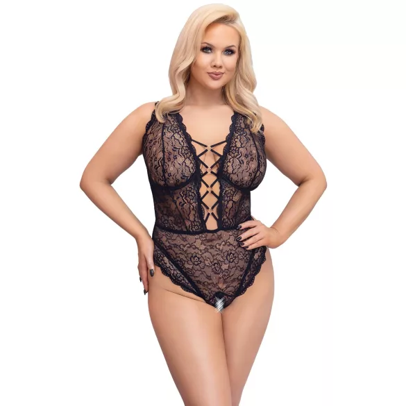 Cottelli Curves - dámske body plus size - priehľadné s vzorom - čierne