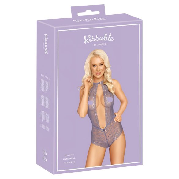 Kissable - čipkované body s golierom na krk - fialová - L/XL