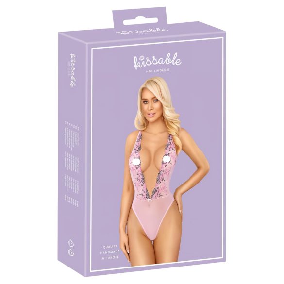 Kissable - čipkované body s ružovou výšivkou - ružová - L/XL