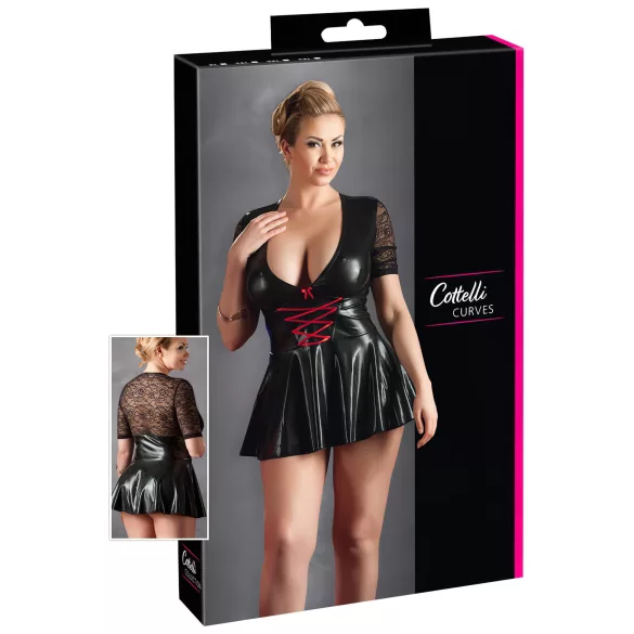 Cottelli Plus Size - lesklé šaty s červeným korzetom - čierne - XXL