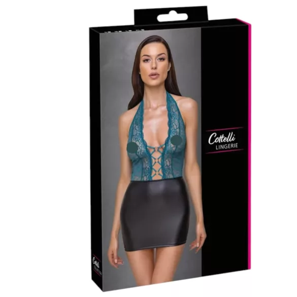 Cottelli - lesklé čipkované šaty so šnurovaním - čierna/zelená - XL