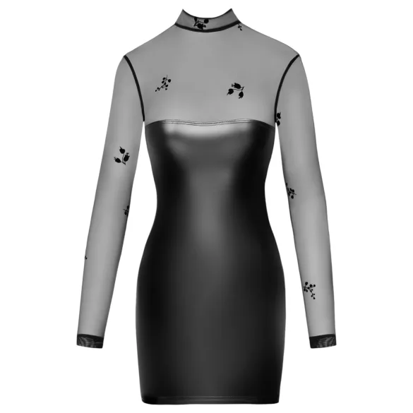 Noir - lesklé priliehavé mini šaty - priesvitný top - čierne - XL