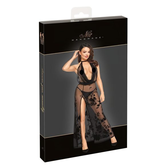 Noir - úplne priehľadné kvetinové maxi šaty (čierne) - XL