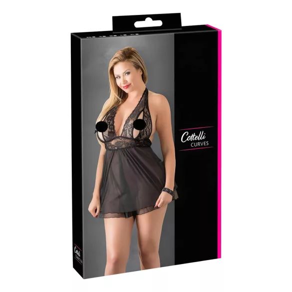 Cottelli Plus Size - babydoll košieľka s čipkou - čierna - 3XL