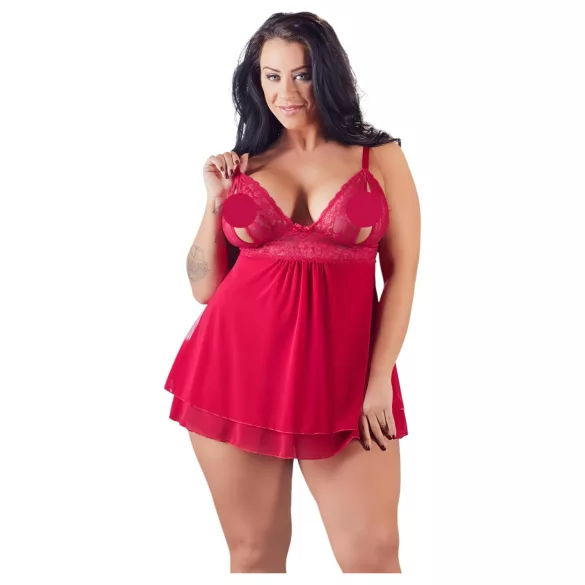 Cottelli Plus Size - erotická babydoll košieľka - čipkovaná - červená - 3XL