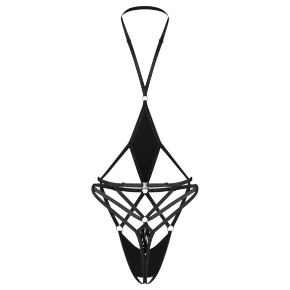 Obsessive - body s otvoreným rozkrokom a pásikmi - čierna