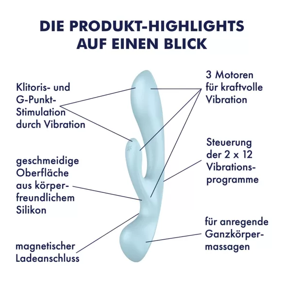 Satisfyer Triple Oh - vibrátor na klitoris s ramenom - nabíjateľný - modrý