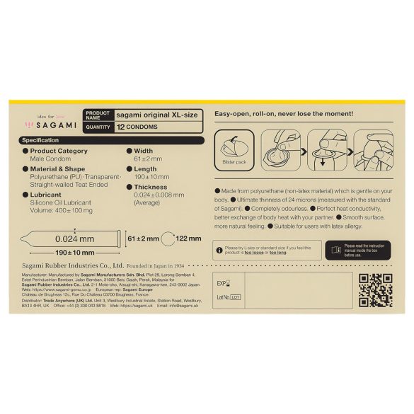 Sagami Original 0,02 XL - kondóm - extra veľký - 61mm - 12ks