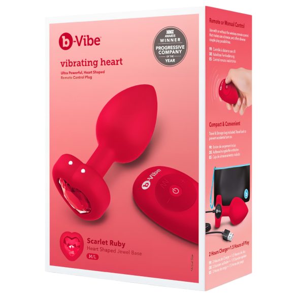 b-vibe srdce - nabíjateľný, rádiový análny vibrátor (červený)