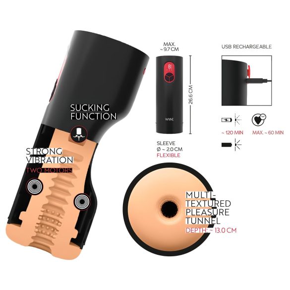 WYNE 07 - masturbátor pre mužov - vibračný a sací - čierny - akumulátorový